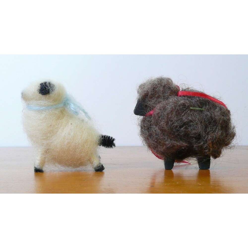 Lot 2 VTG Woolly Fuzzy Sheep Figurine Hand Crafted Cottage Core Primitive Fluffy